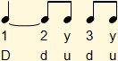 3-by-4 rhythm with second and third beats divided into eighth notes and the first beat tied to the second