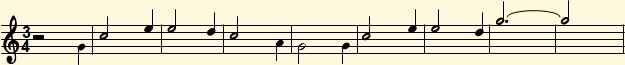 Lead sheet of the first musical phrase of Amazing Grace in C major and rhythm of 3x4 