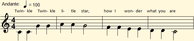 Indication of andante movement and tempo of 100 quarter notes per minute at the start of a score in 4x4