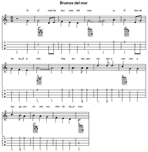 Lead sheet of 'Brumas del mar' in C major with ukulele chords diagrams