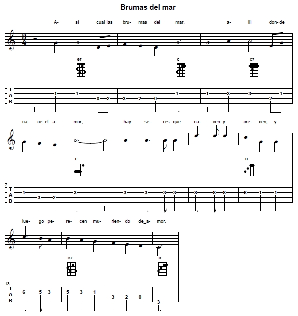Lead sheet of 'Brumas del mar' in C major with Venezuelan cuatro chords diagrams
