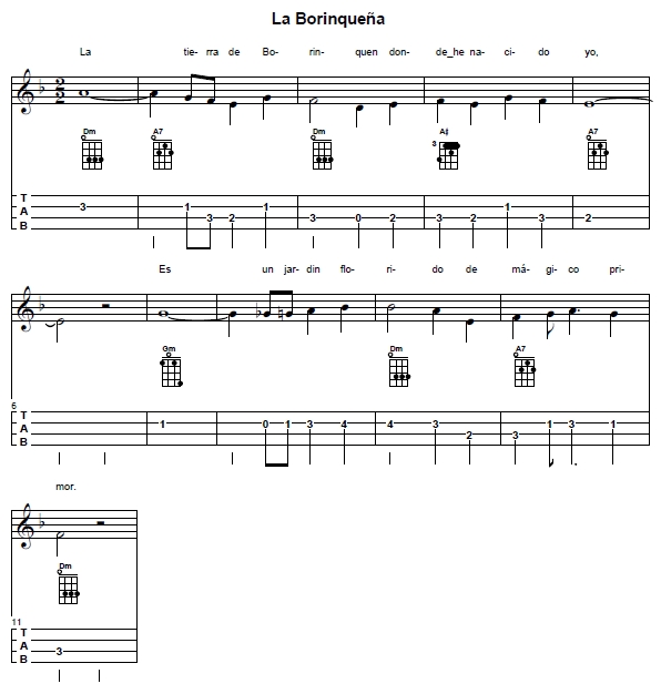 Lead sheet for 'La Borinqueña' in D minor with Venezuelan cuatro chords diagrams