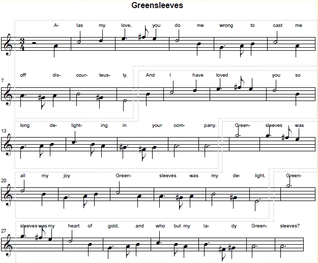 Partitura de la melodía de Greensleeves en La menor