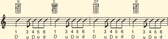 6-by-8 rhythm with first three beats combined used in chord progression G-G7-G_D on Venezuelan cuatro