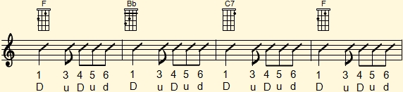 Ritmo de 6 por 8 con los tres primeros tiempos combinados usado en progresioón de acordes G-G7-G_D en el ukelele