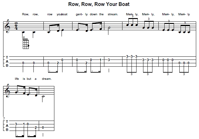 Lead sheet music of Row, Row, Row Your Boat on ukulele in C major