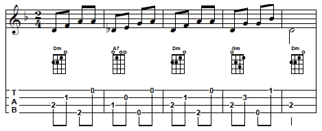 Dm-A7-Dm-Gm-Am chord progression in 6 by 8 rhythm used in the harmonization of 'Tres hojitas madre'