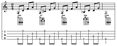 Dm-A7-Dm-Gm-Am chord progression in 6 by 8 rhythm used in the harmonization of 'Tres hojitas madre'
