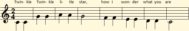 Twinkle, Twinkle, Little Star in C major and 2x4 rhythm with bar separation