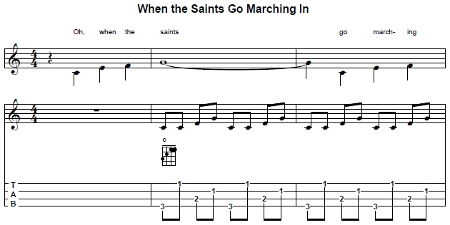 First three measures of 'When The Saints Go Marching In' in C, with accompaniment by arpeggios 2 by 3-2-4-1